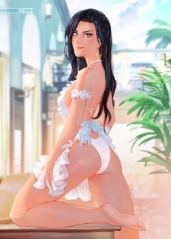 1girl absurdres apron ass back barefoot bikini black_hair blue_eyes breasts cowboy_shot day earrings female_focus frills hair_over_one_eye highres hoop_earrings jewelry jojo_no_kimyou_na_bouken leg_up lips lisa_lisa long_hair looking_back mature_female medium_breasts naftosaur nose sideboob soles solo swimsuit thighs toes white_bikini