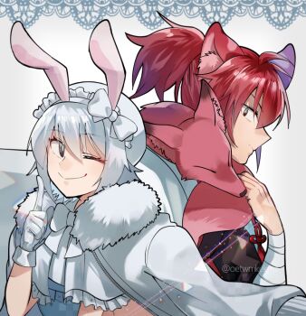 1boy 1girl animal animal_around_neck animal_ear_fluff animal_ears blue_shirt border bow bowtie character_request closed_mouth commentary expressionless fake_animal_ears fox fox_boy fox_ears fur_collar gloves grey_eyes hair_between_eyes jacket jacket_on_shoulders lace lace_border long_bangs looking_at_viewer namosuke_(oetwmkekmz) one_eye_closed ornate_border rabbit_ears red_hair shirt short_hair simple_background smile symbol-only_commentary tales_weaver upper_body white_background white_bow white_bowtie white_gloves white_hair white_jacket