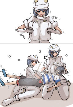 1boy 2girls absurdres aether_foundation_employee aether_foundation_employee_(female) age_difference breasts cleavage elio_(pokemon) highres huge_breasts kazu4gefe large_breasts multiple_girls nintendo onee-shota paizuri pokemon pokemon_sm shota
