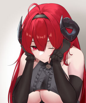 1girl absurdres ahoge azur_lane bare_shoulders black_gloves black_horns breasts center_frills clothing_cutout commentary curled_horns elbow_gloves english_commentary frills gloves hair_intakes highres hindenburg_(azur_lane) horns huge_breasts long_hair obniermarbiss one_eye_closed red_hair simple_background slit_pupils solo underboob underboob_cutout upper_body white_background