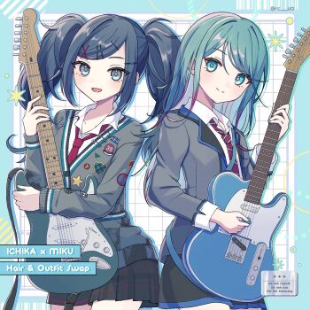 2girls :d alternate_hairstyle aqua_border aqua_eyes aqua_hair bangs_pinned_back barcode black_hair black_skirt blazer blue_trim border cardigan character_name closed_mouth collared_shirt commentary_request cosplay costume_switch cowboy_shot diagonal-striped_clothes diagonal-striped_necktie drop_shadow electric_guitar english_text fender_stratocaster fender_telecaster grey_cardigan grey_jacket grid_background guitar hair_ornament hairclip hairpin hairstyle_switch hatsune_miku highres holding holding_guitar holding_instrument hoshino_ichika_(project_sekai) instrument jacket lapels leo/need_miku long_hair long_sleeves looking_at_viewer miniskirt multicolored_hair multiple_girls multiple_hairclips necktie notched_lapels open_clothes open_mouth outside_border parallel_hairclips pink_streaks plaid_clothes plaid_skirt pleated_skirt plectrum project_sekai red_necktie reton school_uniform shirt sidelocks skirt smile streaked_hair striped_clothes striped_necktie twintails twitter_username watermark white_shirt x_hair_ornament