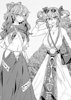 2girls absurdres alternate_costume ancient_egyptian_clothes ankh ankh_necklace arms_behind_back bag bare_hips bare_shoulders blush bow breasts capelet cleavage collarbone dress drill_hair eyewear_on_head fang great_pyramid_of_giza hair_between_eyes hair_bow hand_in_own_hair highres large_breasts long_hair looking_at_viewer medium_hair midriff monochrome multiple_girls navel navel_piercing parted_lips piercing pyramid pyramid_(structure) senmura shoulder_bag siblings skirt sleeveless sleeveless_dress small_breasts smile sunglasses touhou twin_drills yorigami_jo'on yorigami_shion