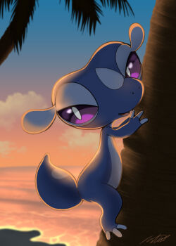 Rule 34 | cloud, commentary request, from side, gecqua, highres, looking at viewer, looking to the side, netiel, nintendo, no humans, outdoors, pokemon, pokemon (creature), pokemon focus, shore, signature, sky, solo, tree, twilight