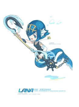 1girl 2023 absurdres bracelet breasts bubble chinese_commentary commentary crossover elbow_gloves english_commentary fingerless_gloves fins fish_tail floating gloves head_fins highres jewelry keyblade kingdom_hearts krita_(medium) lana_(pokemon) looking_at_viewer mermaid monster_girl multiple_crossover nintendo pokemon pokemon_sm raised_inner_eyebrows signature simple_background small_breasts tail the_little_mermaid_(disney) tyson_tan upturned_eyes