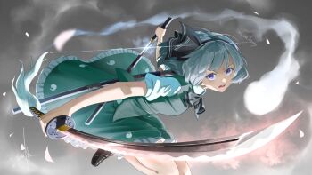 1girl arms_up bent_over black_hairband black_shoes blue_eyes collared_shirt commentary_request cowboy_shot frilled_skirt frilled_socks frills glint green_skirt grey_hair grey_vest hairband highres holding holding_sword holding_weapon katana konpaku_youmu konpaku_youmu_(ghost) leg_up looking_at_viewer open_mouth otomeza_ryuseigun outstretched_arms petals pink_petals puffy_short_sleeves puffy_sleeves sheath shirt shoes short_hair short_sleeves signature skirt socks solo sword teeth touhou tsuba_(guard) twitter_username unsheathed unsheathing vest weapon white_shirt white_socks