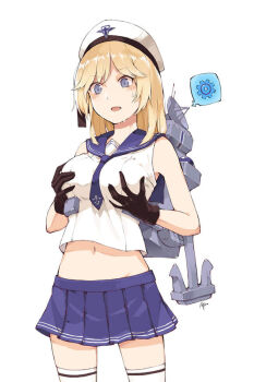 afako black_gloves blonde_hair blue_eyes breasts breasts_squeezed_together command_&amp;_conquer command_&amp;_conquer:_red_alert command_&amp;_conquer:_red_alert_3 gloves grabbing_own_breast hat medium_breasts navel pleated_skirt red_alert_3 school_uniform serafuku simple_background skirt solo standing thighhighs watermark weibo_watermark white_background white_thighhighs