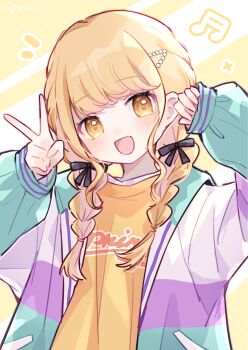Rule 34 | 1girl, :d, black bow, blonde hair, bow, braid, commentary, fujita kotone, gakuen idolmaster, hair bow, hashtag-only commentary, highres, idolmaster, jacket, long hair, looking at viewer, multicolored jacket, musical note, notice lines, open clothes, open jacket, open mouth, polka dot, polka dot background, shirt, smile, solo, twin braids, upper body, yellow background, yellow eyes, yellow shirt, yukomeow