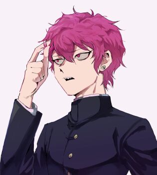 1boy absurdres alternate_costume commentary_request danganronpa_(series) danganronpa_2:_goodbye_despair earrings gakuran highres jewelry long_sleeves looking_ahead luckyland1985 male_focus messy_hair pink_eyes pink_hair school_uniform sharp_teeth short_hair simple_background soda_kazuichi solo teeth twirling_hair upper_body
