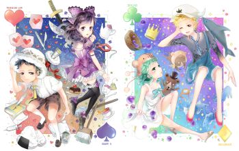 2boys 2girls aged_down animal_hat aqua_eyes aqua_hair baby_5 bad_id bad_pixiv_id basket bear black_hair black_socks blonde_hair blue_eyes blue_hair blueberry book bow broom cake character_name child clover clubs crown cup dellinger_(one_piece) diamond_(shape) diamonds dolphin donquixote_pirates dress fish food fork fruit full_body green_eyes green_hair hair_bow hat heart high_heels highres horns iji_(u_mayday) kneehighs loafers mop multiple_boys multiple_girls necktie one_eye_closed one_piece onigiri overalls plate purple_eyes purple_skirt sandals scalpel shoes short_dress short_hair shorts skirt socks spade_(shape) spades sugar_(one_piece) suspenders sword syringe teacup teapot thighhighs toy trafalgar_law weapon white_skirt zettai_ryouiki