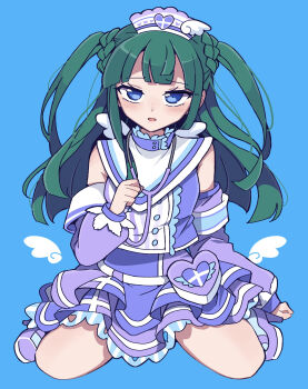 1girl :o armband blue_background blue_eyes blunt_bangs blunt_ends blush commentary_request detached_sleeves dress frilled_skirt frills full_body green_hair hand_up hat heart heart_print highres idol_clothes kishimen_hair long_hair looking_at_viewer nojima_minami nurse nurse_cap open_mouth pouch pretty_series pripara puffy_detached_sleeves puffy_sleeves purple_dress purple_hat purple_shoes shoes sitting skirt solo stethoscope tsukikawa_chili two_side_up wariza