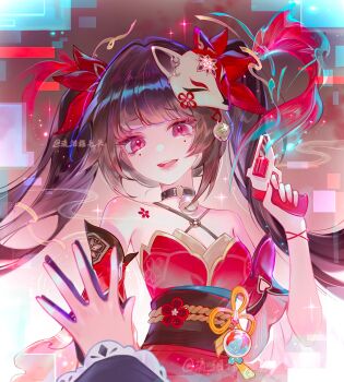 against_window artist_name bare_shoulders bell black_choker black_hair blunt_bangs chinese_commentary choker commentary_request fingernails fish fox_mask goldfish gun hand_up highres holding holding_gun holding_weapon honkai:_star_rail honkai_(series) japanese_clothes kimono lipgloss liuleimaomaotou looking_at_viewer mask mole mole_under_eye nail_polish o-ring_collar obi pink_eyes pink_nails pov pov_hands red_eyes red_kimono rope_belt sash signature sparkle_(honkai:_star_rail) sparxie_(honkai:_star_rail) twintails upper_body water_balloon water_yoyo weapon