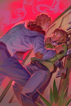 abstract_background absurdres against_door asphyxiation bags_under_eyes between_legs blood bloody_knife blue_eyes blue_jacket boyfriend_to_death brown_hair clenched_teeth commentary commission commissioner_insert constricted_pupils covering_another's_mouth denim english_commentary feet_out_of_frame from_below green_sweater highres holding holding_another's_wrist holding_knife hood hood_down imminent_murder jacket jeans knife lawrence_oleander looking_at_another low_ponytail pants pinned plaid_clothes plaid_shirt ponytail shirt short_hair slit_throat soureeeee spread_legs strangling sweater teeth wide-eyed