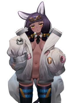 1girl :o absurdres animal_ears arknights black_hair black_necktie black_thighhighs blush breasts cat_ears cat_girl cat_tail chinese_commentary cleft_of_venus commentary_request cowboy_shot dark-skinned_female dark_skin detached_collar ghosty_(xiaobai) gluteal_fold highres jacket long_sleeves low_twintails medium_breasts mons_pubis multiple_thigh_straps naked_jacket navel necktie no_bra open_clothes open_jacket open_mouth orange_eyes pussy short_necktie simple_background sleeves_past_wrists solo standing tail thigh_strap thighhighs titi_(arknights) twintails white_background white_jacket