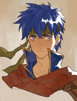 1boy blue_eyes blue_hair closed_mouth cropped_shoulders fire_emblem fire_emblem:_path_of_radiance green_headband headband highres ike_(fire_emblem) julianlynnnn male_focus nintendo short_hair simple_background solo