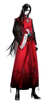 1boy absurdres adapted_costume animal_print beads belt black_belt black_boots black_gloves black_hair boots braid bug butterfly butterfly_necklace butterfly_print chinese_clothes closed_mouth commentary_request dated earrings eyepatch full_body gloves hair_beads hair_ornament hair_over_one_eye hanfu high_heel_boots high_heels highres hua_cheng insect jewelry light_smile long_hair long_sleeves looking_at_viewer male_focus necklace one_eye_covered pale_skin pointy_ears red_hanfu red_sash sash side_braid silver_necklace simple_background single_braid smile solo standing tassel tianguan_cifu twitter_username very_long_hair white_background white_butterfly wide_sleeves yellow_eyes ykmr_(haga)