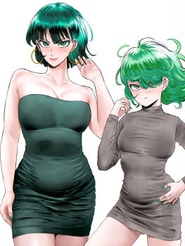 2girls absurdres bare_shoulders belly breasts cleavage commentary devovas dress earrings fubuki_(one-punch_man) gluteal_fold green_dress green_nails grey_dress hair_over_one_eye hand_on_own_hip height_difference highres hoop_earrings jewelry medium_breasts medium_hair multiple_girls navel one-punch_man ribbed_dress short_dress short_hair siblings sisters small_breasts strapless strapless_dress tatsumaki taut_clothes taut_dress tight_clothes tube_dress turtleneck turtleneck_dress