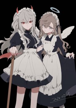 2girls absurdres angel_and_devil angel_wings apron black_background black_dress brown_hair colored_eyelashes cowboy_shot demon_horns demon_wings dress expressionless frilled_apron frills genderswap genderswap_(mtf) grey_hair grey_shirt halo highres horns juliet_sleeves kanae_(nijisanji) long_hair long_sleeves looking_at_viewer maid mole mole_under_eye multiple_girls nijisanji nora_(misato0301) one_side_up puffy_sleeves red_eyes sanya_(kuzuha) shirt simple_background traditional_halo two_side_up virtual_youtuber white_apron wings