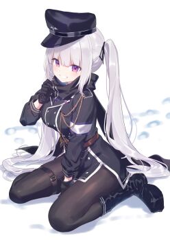 1girl absurdres black_boots black_dress black_gloves black_hat black_pantyhose black_ribbon black_scarf boots breasts commentary commission dress full_body gloves grey_hair grin hair_ribbon hat highres hiraga_matsuri large_breasts long_hair long_sleeves looking_at_viewer mole mole_under_eye original pantyhose purple_eyes ribbon scarf sitting skeb_commission smile solo twintails wariza white_background