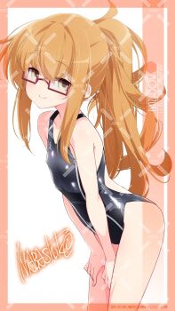 1girl adversarial_noise alternate_costume alternate_hairstyle artist_name black_one-piece_swimsuit breasts brown_eyes brown_hair character_name competition_swimsuit cowboy_shot glasses hands_on_own_thighs highleg highleg_one-piece_swimsuit highres inaba_shiki kantai_collection long_hair looking_at_viewer mochizuki_(kancolle) one-piece_swimsuit ponytail red-framed_eyewear small_breasts smile solo swimsuit watermark watermark_grid white_background