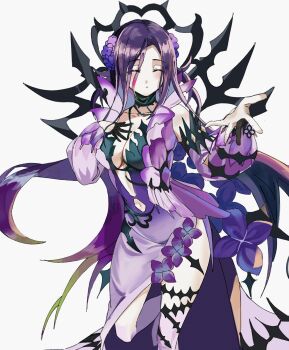 Rule 34 | 1girl, breasts, closed eyes, collarbone, dress, facing viewer, flower, green hair, grimms notes, lilac, lilac fairy (grimms notes), long hair, multicolored hair, purple dress, simple background, solo, user zvrp3557, very long hair, white background