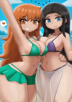 2girls arm_around_waist arm_up beach bikini bikini_skirt black_hair blue_eyes blush breasts brown_eyes brown_hair cleavage cloud collarbone green_bikini grin heart large_breasts long_hair looking_at_viewer mountain multiple_girls nami_(one_piece) navel nico_robin ocean one_piece purple_bikini sand sarong see-through_clothes see-through_sarong sky smile sparkle speech_bubble spoken_heart standing swimsuit teeth thick_thighs thighs tony_welt underboob water wide_hips