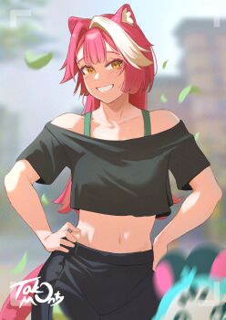 1girl :d animal_ears black_pants black_shirt blurry blurry_background breasts center-flap_bangs chattino_(raora_panthera) cleavage commentary cowboy_shot cropped_shirt dated_commentary day double-parted_bangs english_commentary falling_leaves grin hands_on_own_hips highres hololive hololive_english leaf long_hair medium_breasts midriff multicolored_hair navel off-shoulder_shirt off_shoulder open_mouth outdoors panther_ears panther_girl panther_tail pants pink_hair raora_panthera shirt single_hair_streak smile solo standing streaked_hair t-shirt tail takomonty viewfinder virtual_youtuber white_streaks yellow_eyes