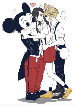 +++ 1boy 1girl 1other 234_(1234!) arms_around_waist black_pants black_shoes black_socks blonde_hair blush cloud_strife commentary_request costume disneyland final_fantasy final_fantasy_vii flying_sweatdrops from_side full_body hands_on_another&#039;s_hips heart long_hair looking_at_another mickey_mouse open_mouth pants profile red_pants red_skirt shirt shoes short_hair short_sleeves simple_background skirt socks spiked_hair standing suspenders sweatdrop tifa_lockhart white_background white_shirt yellow_shoes