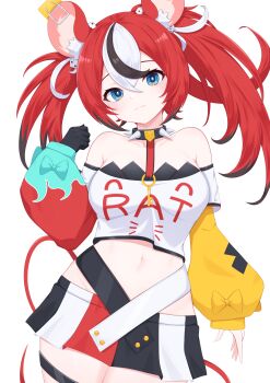 1girl absurdres animal_ear_fluff animal_ears arm_up armpit_crease asymmetrical_sleeves bandeau black_bandeau black_gloves black_hair black_streaks blue_eyes breasts cheese choker commentary crop_top detached_sleeves dice dice_hair_ornament double-parted_bangs food gloves hair_between_eyes hair_ornament hakos_baelz hakos_baelz_(1st_costume) highres hololive hololive_english key medium_breasts midriff mouse_ears mouse_tail multicolored_hair multicolored_skirt navel paid_reward_available red_hair shirt single_glove skirt spiked_choker spikes standing stomach tail thigh_strap thighs tsubame_tien twintails uneven_twintails virtual_youtuber white_background white_hair white_shirt