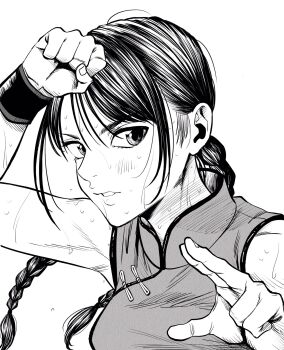 1girl arm_up armpits braid breasts chinese_clothes clenched_hand commentary_request fighting_stance greyscale hatching_(texture) highres lee_(dragon_garou) lips low_twin_braids medium_breasts monochrome original parted_lips portrait solo sweat twin_braids wristband