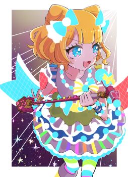 1girl :d absurdres blonde_hair blue_bow blue_eyes blunt_bangs bow cone_hair_bun double_bun dress hair_bow hair_bun highres holding holding_microphone idol_clothes looking_afar madori_(1ldkplanet) microphone minami_mirei multicolored_dress multiple_hair_bows open_mouth pretty_series pripara short_hair smile solo