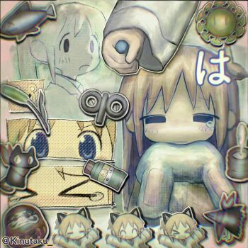 &gt;_&lt; abstract_background animal_ears bandana black_cat black_eyes blue_eyes brown_hair cat cat_ears chromatic_aberration closed_mouth fish frown highres holding kinutaku lab_coat long_hair nichijou outline plant professor_shinonome sad sakamoto_(nichijou) single_tear virus winding_key