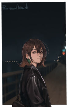 1girl absurdres ayase_momo bag black_jacket brown_eyes brown_hair closed_mouth dandadan earrings highres jacket jewelry kirani leather leather_jacket night outdoors patreon_username railing shoulder_bag solo