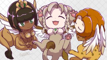 3girls ancient_egyptian_clothes arms_up bare_shoulders black_hair blunt_bangs boobplate bracelet breastplate breasts brown_hair centauroid claws cleavage closed_eyes closed_mouth commentary dark-skinned_female dark_skin earrings fangs feathered_wings full_body green_eyes hairband human_head jewelry large_breasts lion_tail long_hair looking_at_another lying monster_girl multiple_girls navel on_back on_side open_mouth original parted_bangs pawpads short_hair sidelocks signature sitting sleeping smile sphinx stomach tail taur togeshiro_azami usekh_collar wings