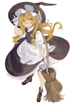 Rule 34 | 1girl, absurdres, apron, black gloves, black hat, black skirt, blonde hair, boots, bow, braid, broom, brown boots, commentary request, gloves, hat, highres, holding, holding broom, kirisame marisa, lace-up boots, long hair, looking at viewer, shi chimi, side braid, simple background, single braid, skirt, solo, touhou, very long hair, waist apron, white apron, white background, white bow, white gloves, witch hat, yellow eyes
