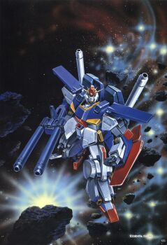 1980s_(style) aeug asteroid beam_cannon beam_rifle debris energy_gun glowing gundam gundam_zz hasegawa_masayuki light_rays machinery mecha mecha_focus mobile_suit nebula no_humans oldschool realistic retro_artstyle robot scan science_fiction shield space star_(sky) sun sunbeam sunlight traditional_media v-fin weapon zz_gundam