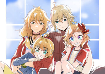 2boys 2girls ahoge bags_under_eyes blonde_hair blue_eyes blue_sweater bracelet cardigan child choker dress father_and_daughter father_and_son fiora_(xenoblade) green_eyes hair_ribbon hair_tie husband_and_wife jewelry mature_female mature_male mother_and_daughter mother_and_son multiple_boys multiple_girls nikol_(xenoblade) pink_dress ponytail red_vest ribbon shirt short_hair shorts shulk_(xenoblade) skirt smile sweater vest victory_sign xenoblade_chronicles_(series) xenoblade_chronicles_3 xiafei97 yellow_shirt yellow_shorts