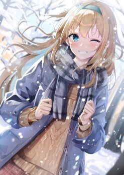 1girl absurdres aizawa_(aizawatsu) blue_coat blue_hairband blue_scarf brown_hair brown_sweater coat day earrings forest girls&#039;_frontline hair_between_eyes hair_ornament hairband highres jewelry looking_at_viewer nature one_eye_closed open_clothes open_coat scarf sidelocks smile snow snowflake_hair_ornament snowing solo suomi_(girls&#039;_frontline) sweater winter