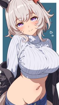 1girl 96dai_0313 absurdres alternate_costume animal_ears black_jacket blue_background blue_pants breasts closed_mouth commentary_request curren_chan_(umamusume) denim grey_hair grey_sweater groin highres horse_ears horse_girl jacket jeans large_breasts looking_at_viewer midriff navel pants purple_eyes ribbed_sweater short_hair smile solo sweater turtleneck turtleneck_sweater umamusume