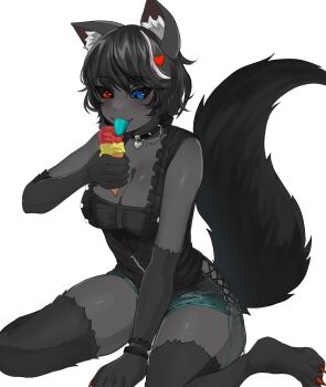 1girl absurdres alternate_eye_color alternate_hairstyle animal_ear_fluff animal_ears animal_feet black_dress black_fur black_hair black_sclera blue_eyes blue_tongue breasts cleavage colored_sclera colored_skin colored_tongue commentary commission dog_ears dog_girl dog_tail dress english_commentary food full_body grey_skin hair_ornament heart heart_hair_ornament hellhound_(monster_girl_encyclopedia) heterochromia highres holding holding_food holding_ice_cream holding_ice_cream_cone ice_cream ice_cream_cone large_breasts leiden_yaegore licking monster_girl monster_girl_encyclopedia monster_girl_encyclopedia_ii multicolored_hair red_eyes short_dress short_hair simple_background single_hair_streak sitting solo streaked_hair tail wariza white_background white_streaks