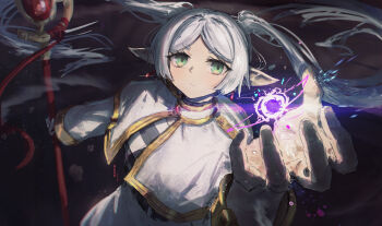 1girl capelet closed_mouth commentary elf franlol frieren green_eyes hand_up highres holding holding_staff long_hair long_sleeves mage_staff magic parted_bangs pointy_ears shirt solo sousou_no_frieren staff striped_clothes striped_shirt thick_eyebrows twintails upper_body white_capelet white_hair