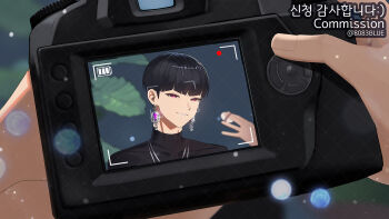 8083_blue artist_name black_hair black_shirt blunt_bangs bowl_cut camera collarbone commission digital_camera earrings grin holding holding_camera hoshina_soshiro jewelry kaijuu_no._8 light_particles male_focus narumi_gen necklace pink_eyes pov pov_hands shirt short_hair smile solo_focus viewfinder