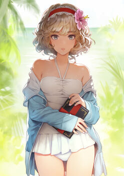 1girl alice_margatroid backlighting bare_shoulders blonde_hair blue_eyes blue_jacket book breasts casual_one-piece_swimsuit collarbone cowboy_shot curly_hair day dot_nose female_focus fingernails flower frilled_hairband frills grimoire_of_alice hair_flower hair_ornament hairband halterneck hibiscus highres holding holding_book hood hooded_jacket hoodie horizon jacket light_brown_hair lolita_hairband long_sleeves looking_at_viewer matsuda_(matsukichi) nail_polish ocean off_shoulder one-piece_swimsuit open_clothes open_hoodie open_jacket outdoors palm_tree parted_lips short_hair sleeves_past_wrists small_breasts smile solo swept_bangs swimsuit thighs touhou tree white_one-piece_swimsuit