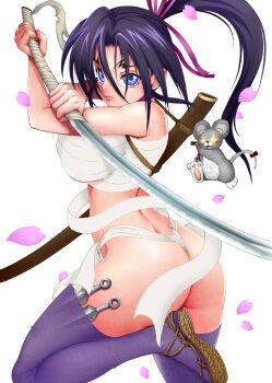 1girl absurdres ass breasts chest_sarashi choker closed_mouth commentary_request fundoshi hair_between_eyes hair_ribbon high_ponytail highres holding holding_sword holding_weapon japanese_clothes katana kousaka_shigure kunai large_breasts long_hair looking_at_viewer matsuena_shun mouse_(animal) ninja official_art petals ponytail purple_eyes purple_hair purple_thighhighs ribbon sarashi shijou_saikyou_no_deshi_ken'ichi simple_background solo sword thighhighs v-shaped_eyebrows waraji weapon white_background