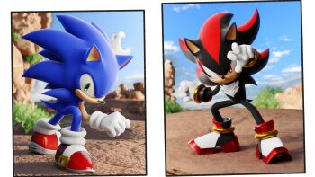 2boys 3d absurdres artist_request blender_(medium) blue_eyes dragon_ball dragonball_z fighting_stance gloves gold_ring highres jewelry ladylunanova looking_at_another looking_at_viewer multiple_boys parody red_eyes red_footwear ring shadow_the_hedgehog simple_background sky smile sonic_(series) sonic_the_hedgehog spiked_hair trait_connection white_footwear white_gloves