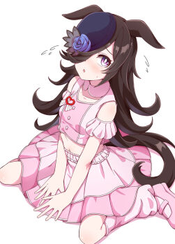 1girl animal_ears black_hair blue_flower blue_rose commentary_request dress flower hair_over_one_eye hiro_(pqtks113) horse_ears horse_girl horse_tail long_hair looking_at_viewer meni_shuki_rush-sshu! midriff pink_dress purple_eyes rice_shower_(umamusume) rose simple_background sitting solo tail tilted_headwear umamusume white_background
