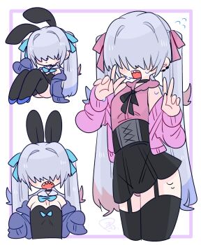 1boy animal_ear_hairband animal_ears bare_shoulders black_choker black_corset black_hairband black_leotard black_ribbon black_skirt black_thighhighs blue_bow blue_bowtie blue_cardigan blue_hair blue_shoes blush bow bowtie bulge cardigan choker collared_shirt colored_tips commentary corset covered_eyes cowboy_shot crossdressing crossdressing_(mtf) detached_collar double_v earclip fake_animal_ears fangs flipped_hair flying_sweatdrops frilled_shirt_collar frills full_body garter_straps hair_between_eyes hair_bow hair_intakes hair_over_eyes hairband hand_up hands_up high_heels highres knees_up leotard light_blush long_hair long_sleeves male_focus male_playboy_bunny miniskirt multicolored_hair multiple_views neck_ribbon no_nose off_shoulder op_na_yarou open_cardigan open_clothes open_mouth original panties panty_peek pink_bow pink_cardigan pink_panties pink_shirt playboy_bunny pleated_skirt quad_tails rabbit_ear_hairband rabbit_ears red_hair ribbon rigel_(op_na_yarou) shirt shoes sidelocks simple_background sitting skirt sleeveless sleeveless_shirt sleeves_past_fingers sleeves_past_wrists standing straight_hair strapless strapless_leotard sweat thighhighs thighs trap underwear upper_body v very_long_hair watermark white_background white_hair