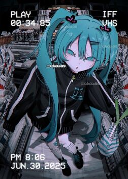 1girl alternate_costume aqua_eyes aqua_hair artist_name bag bandaid bandaid_on_knee bandaid_on_leg black_jacket blush commentary dated foreshortening from_above full_body hair_ornament hairclip hatsune_miku highres holding holding_bag jacket long_hair long_sleeves looking_at_viewer open_mouth sleeves_past_fingers sleeves_past_wrists socks solo spring_onion standing symbol-only_commentary twintails vocaloid white_socks xdoxa89