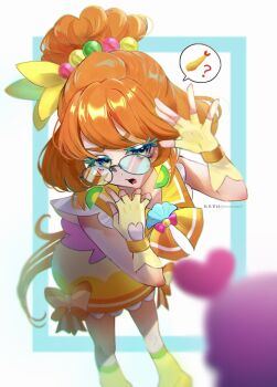 1girl artist_name black-framed_eyewear blurry blurry_foreground bow clothing_cutout colored_eyelashes commentary_request cure_papaya dress dress_bow earrings feet_out_of_frame fingerless_gloves food glasses glove_cutout gloves green_eyes hair_bun hair_ornament hands_up heart_cutout highres ichinose_minori jewelry kururun_(precure) leaning_forward leg_warmers long_hair looking_at_viewer magical_girl minccino7 open_mouth orange_bow orange_hair precure round_eyewear short_hair shrimp shrimp_tempura single_hair_bun solo_focus speech_bubble spoken_food standing tempura tropical-rouge!_precure very_long_hair yellow_dress yellow_gloves yellow_leg_warmers
