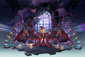 1girl absurdres alternate_costume alternate_wings bat_hair_ornament black_choker black_dress blonde_hair blush boots bow brown_boots cannon chain chinese_commentary choker coffin commentary_request crystal demon_wings dress flandre_scarlet frilled_sleeves frills full_body hair_ornament highres laevatein_(touhou) long_sleeves looking_at_viewer off-shoulder_dress off_shoulder one_side_up red_eyes rigging sdftehn solo thighhighs touhou white_thighhighs wide_sleeves wings yellow_bow