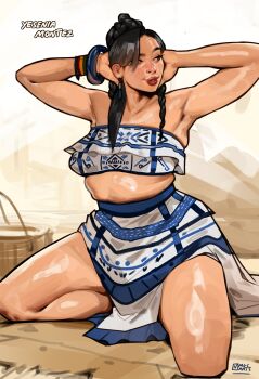 1girl absurdres blue_skirt blue_tube_top bracelet brown_eyes brown_hair character_name hands_on_own_head highres jewelry kneeling magicmoonsarts mexican_clothes original skirt solo strapless tube_top two-tone_skirt two-tone_tube_top white_skirt white_tube_top yesenia_montez_(magicmoonsarts)